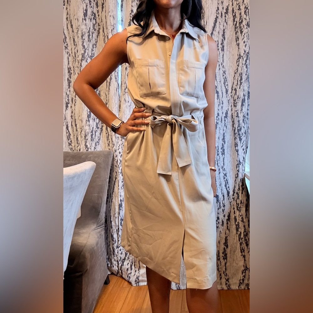 Sleeveless Beige Belted Dress - Picture 2 of 6